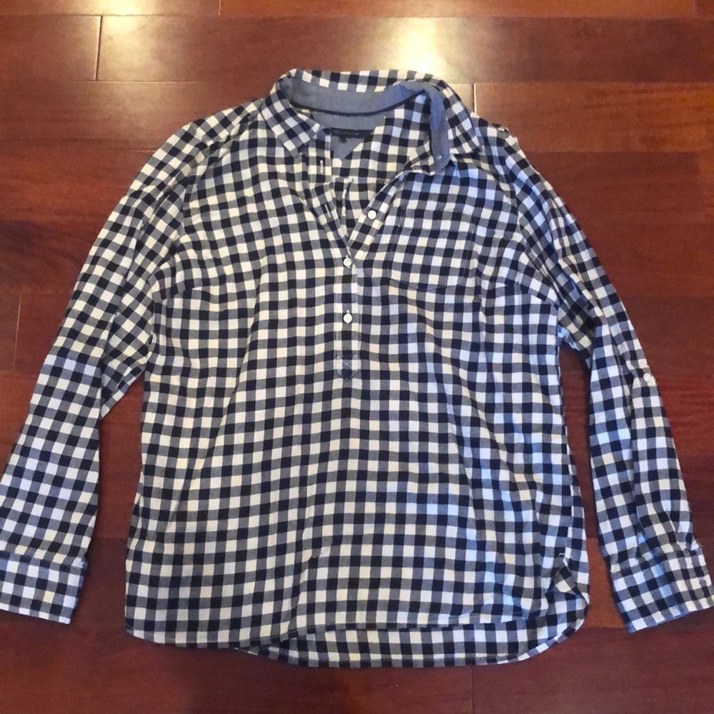 Womens Tommy Hilfiger top partial button down check black white plaid shirt